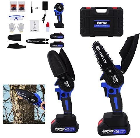 21V Mini Motosierra Bateria 4 Motosierra Eléctrica Bateria con baterías 2x1500 mAh Motosierra Inalámbrica Portátil, 2 baterías/2 cadenas/maletín portátil