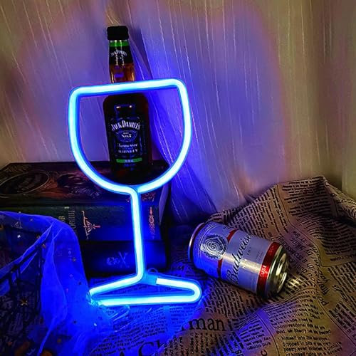 2 bicchieri da vino con luci al neon a LED blu, decorazione da parete per casa, bar, decorazione da tavolo, adatto per matrimoni, feste a tema, 27 x 15,5 x 1,8 cm, funzionamento a batteria