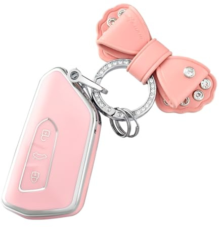 OFF WE GO Autoschlüssel Hülle mit Schlüsselanhänger Schlüsselhülle Cover für VW Golf 8 Seat Leon MK4 Tarraco Ateca Skoda Octavia Cupra 3 Tasten TPU Auto Schlüssel Hülle Schlüsselgehäuse, Rosa Silber