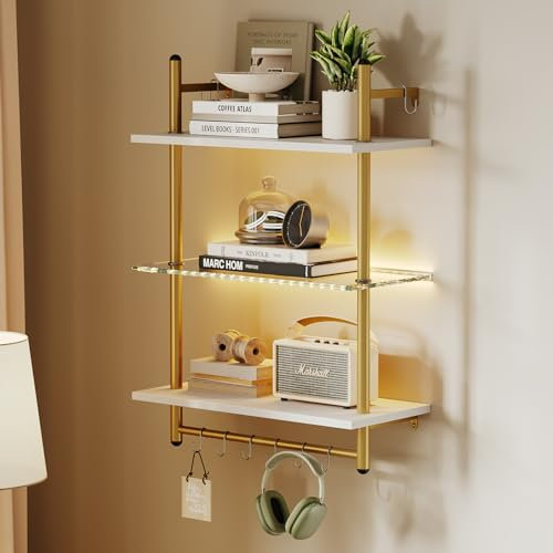 Bestier 24” Floating Shelves with LED Lights for Wall, 3 Tier Wall Mounted Glass Shelves with 8 Hooks, Coffee Bar Shelf Hanging Display Rack for Living Room Kitchen Bathroom, White & Gold