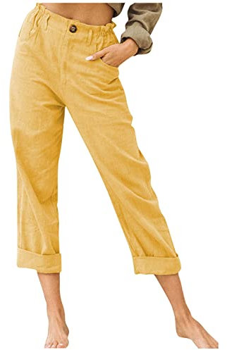 Sommerhose für Damen, Baumwoll-Leinen-Hose mit Taschen, lockere Caprihose, Bootcut, konische Jogginghose, elastische Taille, Kordelzug, solide Trainingshose, Sweathose für Damen, #2-gelb, XXX-Large