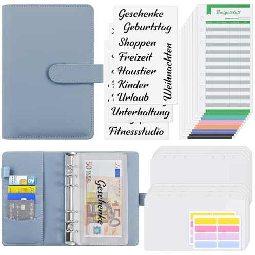 KONVINIT Budget Planner A6 Budget Binder,Budgetplaner mit Folien Deutsch,Ringbuch Finanzplaner mit Geldumschläge,Budgetsheets und Kategorien-Etiketten,Um Geld Sparen,Money organizer