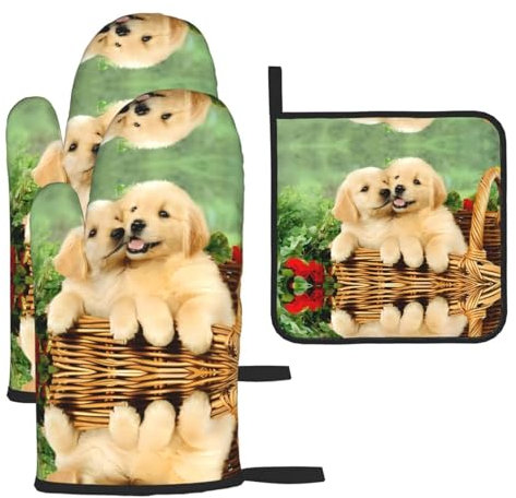 Trukd Golden Retriever Ofenhandschuhe mit Hundemotiv, 2 Handschuhe und 1 Topflappen, für Küche, Mikrowelle, Grill, hitzebeständig