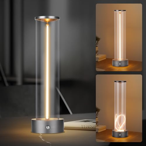 YYXGOOB Cordless Portable LED Magnetic Filament Table Lamp, Rechargeable Battery Operated Nightstand Desk Lamp, Three-Level Dimmable Suitable for Bars/Cafes/Restaurants/Bedrooms/Camping Site (Grey)
