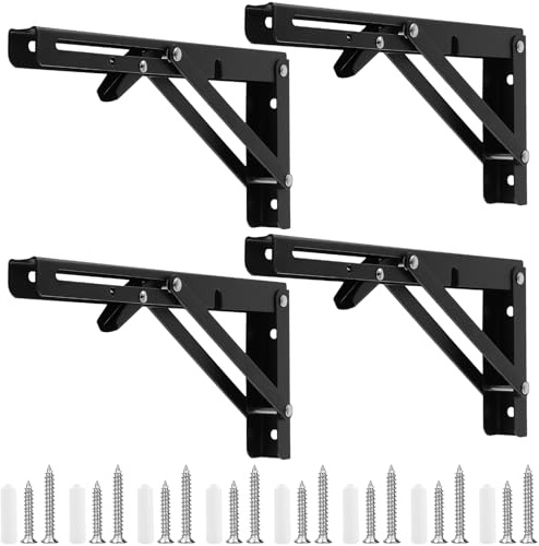 CHUENKUK Lot de 4 consoles pliantes - Charge lourde - 250 mm - Charnière pliante - Console pliante - Noir - Étagère murale pliable - Équerre d'étagère pour mur, étagère, table pliante, bibliothèque,