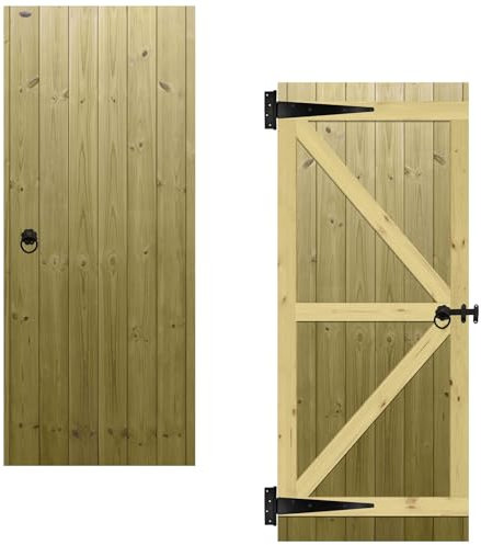 Flat Top Wooden Garden Gate 6x2.5ft - Tongue & Groove Fully Framed Treated Timber Door + Ring Latch Hinge Pack, H:6ft x W:2.5ft Ideal for Outdoor Pathway Home Access (High: 180cm x Wide: 75cm)