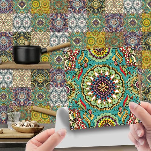 Fliesenaufkleber Grün Gelb Mandala Selbstklebende Klebefliesen, Wandfliesen Aufkleber,Wasserdicht Fliesensticker Fur Kuche Badezimmer Dekorative Stickerfliesen,Wohnzimmer Dekoration10X10Cm