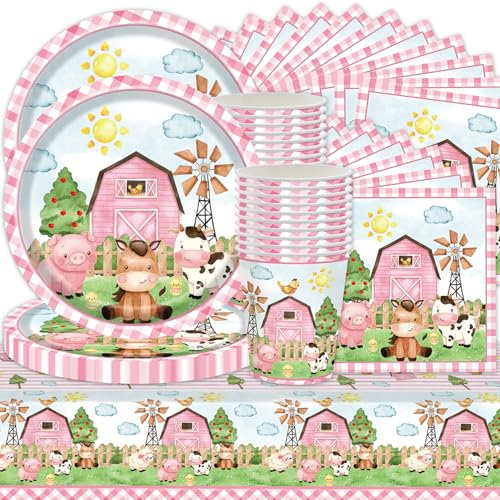 Set di 61 stoviglie per feste in fattoria, porcellini e agnello, decorazioni per feste di compleanno, stoviglie contenenti piatti, tazze di carta, tovaglioli, tovaglie, per 20 persone