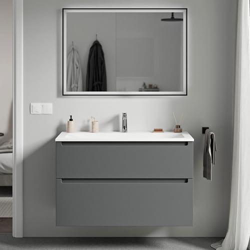 Bernstein Badmöbel-Set Vireo, Waschtisch-Unterschrank mit Mineralguss-Waschbecken 100cm in Anthrazit matt - Cream - Weiß matt mit Hahnloch - 2 Schubladen, Badmöbel, 5 Jahre Garantie