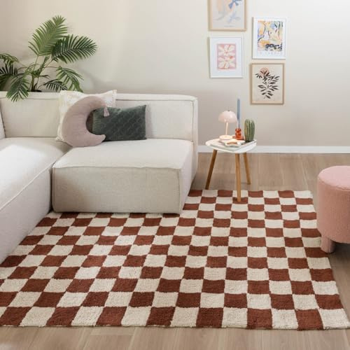 FRAAI | Home & Living Retro Teppich - Gambit Braun Weiß - 160x230 cm | Symmetrische, Blöcke - Retro - Wohnzimmer, Kinderzimmer, Schlafzimmer - Fellteppich