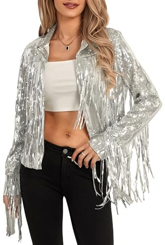 Acrawnni Y2K Damenjacke mit glitzernden Pailletten, glänzend, Quaste, Fransensaum, Discojacke, Pailletten-Fransen, Rave-Jacke, Mantel, 90er-Jahre-Streetwear