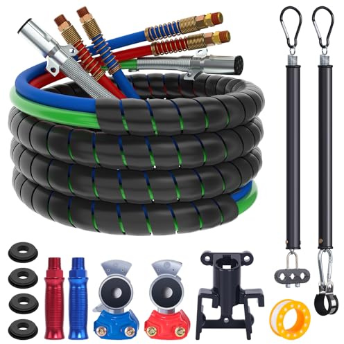 CheeMuii 15FT Semi Truck Air Line Kit with Gladhand Holder and Springs Kit Red & Blue Air Brake Hoses and 7 Way Trailer Cord 3-in-1 Air Lines Set for Semi Truck Trailer Tractor