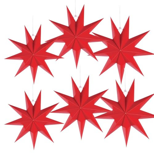 Confezione da 6 Stelle di Carta Stelle Natalizia Pieghevoli Stella di Natale Decorazione Neuneck Decorazione Natalizia Stella di Carta per Albero di Natale Decorazione di Nozze 25/30/45 cm (Rosso)