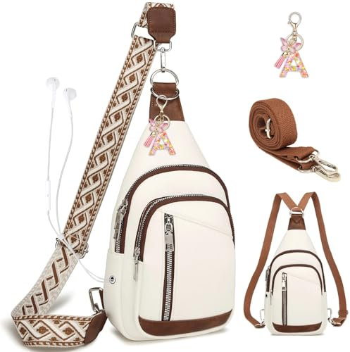 Kaiyaner Brusttasche Damen Umhängetasche Herren Crossbody Bag Handytasche zum umhängen 2 in 1 Schultertasche Leder Klein mit 3 Abnehmbare Schultergurte für Reisen Einkaufen Outdoorsport Weißbraun
