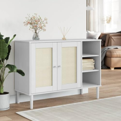 ShGaxin Sideboard SENJA Rattan-Optik Weiß 112x40x80 cm Kiefernholz, Kommode Schlafzimmer, Kommoden & Sideboards, Wohnzimmerschrank, Flur Kommode, Zimmer Möbel - 358029