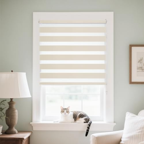 Joydeco Doppelrollo ohne Bohren mit Klemmfix und Anti-Verhedderungszubehör stufenlos verstellbar lichtdurchlässig verdunkelnd Hellbeige B45 x H100 cm(Stoffbreite 41cm)