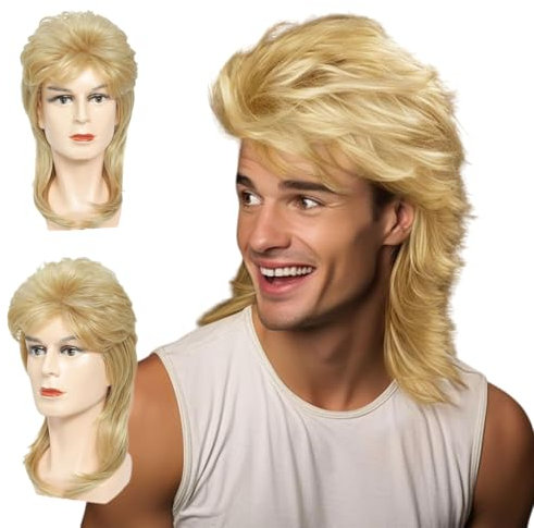 FOUNSHO Blonde Mullet Wig For Men, Men's Long Curly Wig, 70s Fancy Dress Wigs For Men, Men's Rocker Wig for Adult, 80s 90s Costumes Rocking Party Wigs For Carnival Halloween
