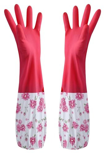 Rubber Latex Waterproof Dishwashing Gloves, Plush-Lined Floral Print Rubber Gloves, Extra Long Waterproof Cleaning Gloves, Reusable Household Cleaning Gloves, Non-Slip Kitchen Gloves (Red)