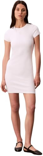 Calvin Klein Vestido Camisero Corta Mujer Mini con Cuello Redondo, Blanco (Brilliant White), XS