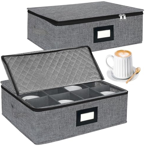 VERONLY 2 Stück Tassenhalter Kaffeetassenhalter mit Partition Kaffeebar Möbel Aufbewahrung mit Deckel und Griffen, Faltbox Aufbewahrungsbehalter für 24 Kaffeetassen, Mug,Becher, Stapelbar(Dunkelgrau)