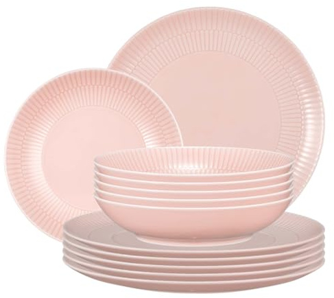 Seltmann Weiden Amina Rosé Service de table 12 pièces, assiettes plates rondes (28 cm) et assiettes creuses (21 cm), pour 6 personnes, avec motif discret en relief, porcelaine, rose