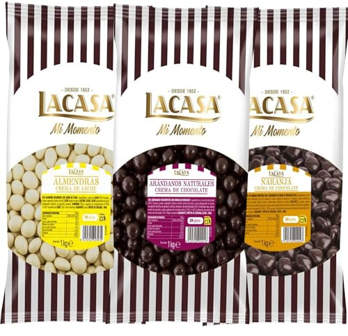 Lacasa Pack 3kg de bolas: Almendra con chocolate Blanco, de naranja con chocolate Negro,Arándanos con chocolate Negro