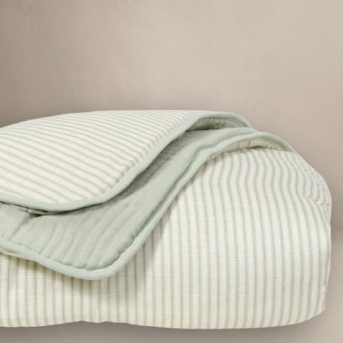 Oilo Sage Green Stripe Crib Quilt, Premium 5 Layer Organic Cotton Muslin, Lightweight & Breathable Toddler Bed Quilt, Reversible Sage Green Nursery Bedding (45x60)