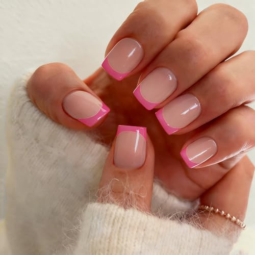 KQueenest 30 Pcs Hot Pink French Tip Press on Nails Short Square, French Tip False Nails Short Coffin, Custom Thick Acrylic Fake Nails Set Natural Nude Gel Stick on Nail for Women Daily Wear