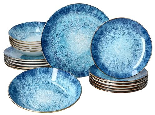 MamboCat Marina Service de table 18 pièces en porcelaine bleue avec design maritime pour 6 personnes I Décor océan, 6 assiettes plates, 6 assiettes creuses de 450 ml et 6 assiettes à dessert