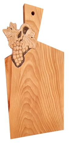 Tagliere da cucina artigianale con scultura grappolo d'uva, Tagliere Legno di faggio massello, Spessore Robusto 3.2 cm, per Barbecue Formaggio Prosciutto Pane.