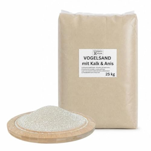 Scheipers Mühle Vogelsand mit Kalk & Anis 25 kg – Badesand für Kanarienvögel, Wellensittiche, Papagein & Hühner - natürliches, geruchsbindendes Einstreu, mit Muschelgrit zur Schnabel- & Krallenpflege