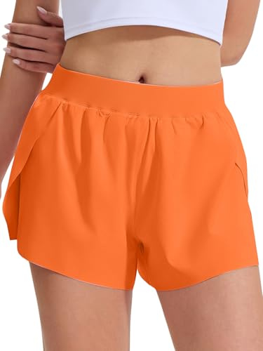LUWELL PRO Pantalones cortos de correr para mujer con forro de cintura media con abertura lateral alta, para gimnasio, deportes, entrenamiento, secado rápido, ligeros, naranja, XXL