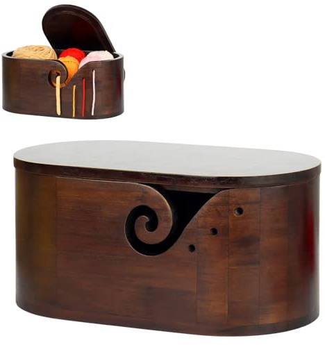 Reessy Yarn Bowl, Wooden Yarn Storage Bowl with Removable Lid for Crocheting and Knitting, Large Crochet Bowl 28.5cm×15.5cm×12.0cm-Knitting Bowls Wool Holder for Yarn Balls Storage