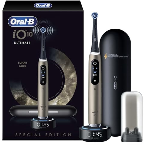 Oral-B Brosse à Dents Electrique iO 10, Brossette de Rechange, Or Lunar Gold – 7 Modes dont Blancheur et Soin des Gencives, Capteur de Pression, Batterie Rechargeable, Coach de Brossage, Etui