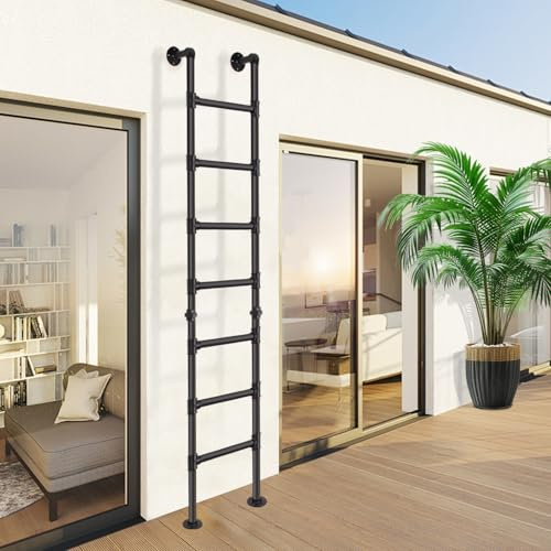 7FT/215cm Ladder for Loft, Wall-to-Floor Egress Ladder with 7 Rungs, Wrought Iron Metal, 330lbs Capacity, Indoor Outdoor Use for Basement Windows, Attics, Lofts, Dorms & Home