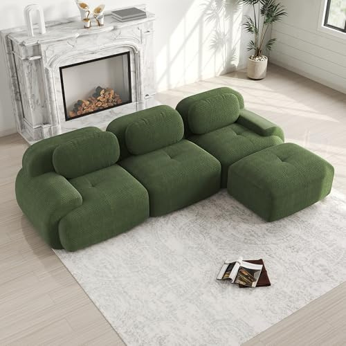 HAINEW Modern 3-sits soffa i cordväv med 1 ottoman, Boneless hörnsoffa med böjda armleningar och halkfri undersida, DIY fritt sammanfogande (Grön, 3 sits + 1)