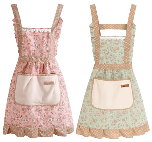NieYat 2 Stück Kochschürze Damen, Schürze Damen mit Taschen, Pink Und Grün, Kittelschürze Damen für Küche, Restaurant und Café