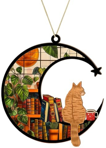 Fensterdeko Herbst, 2D Sonnenfänger Hängend mit Lesender Katze, Charming Wanddeko, Hängedeko aus Acryl für Katzenliebhaber, Wohnzimmer, Schlafzimmer, Gartendeko, Balkon