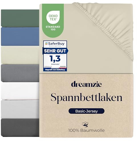 Dreamzie Spannbettlaken 120x200cm, 100% Baumwolle Jersey dehnbar, Spannbetttuch Bettlaken, Steghöhe 25 cm für Matratzen bis 22 cm, Oeko-Tex Zertifiziert, Hypoallergen, Beige