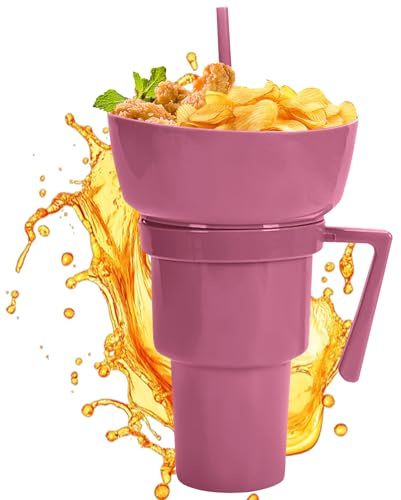 Cup and Bowl Combo,Beverage Cup with Snack Bowl on Top - Beverage Food Container for Travel Milk Tea Juice Candy Chips Popcorn Fruit School Camping Beach