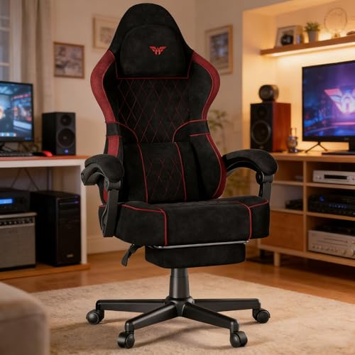 Soontrans Gaming Stuhl mit Massage Lendenwirbelstütze, Gepolstert Gaming Chair, Gaming Stuhl Ergonomisch mit Fußstütze, Samt, 90-160° Rückenlehne verstellbar Gaming Sessel（schwarz&rot）