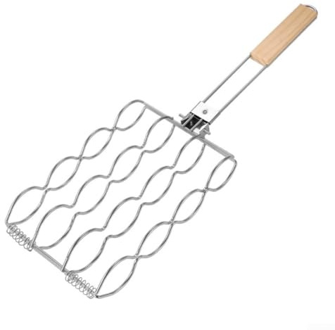 Cestino per barbecue per mais con manico in legno antiaderente e resistente al calore per capovolgere in modo sicuro e design bloccabile, compatibile con griglie a gas e carbone