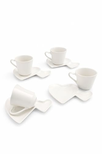 LEONARDO LUXURY HOME DESIGN Set 4 Tazzine Love Porcellana Bianca con Piattino Decorativo a Cuore 90 ml Lavastoviglie Microonde Elegante Idea Regalo Elegante (Tazzine 90 ml)