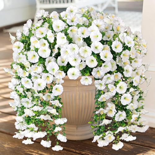 4 Stück Künstliche Blumen Hängend Kunstblumen mit Eukalyptus Petunien Hängend Künstliche Blumen Wie Echt Balkonpflanzen Outdoor Fake Blumenstrauß Hängepflanzen Hause Garten Veranda Frühlingsdeko