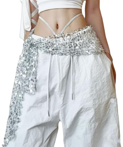 TSWNG Tanztuch Hüfte, Bauchtanz Hüfttuch Pailletten, Pailletten Taillengürtel, Glitzer Schal Schmal, Hüftschal Netz Tanzgüttel für Jazz, Latin, Bauchtanz, Street, Punk Party (150 x 11cm)