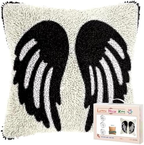 kitphoenix Latch Hook Cushion Kit for Adults with Black and White Angel Wing Pattern DIY Crochet Craft Kits Pillow Cushion Cover for Home Decor Gift 43x43 cm -5