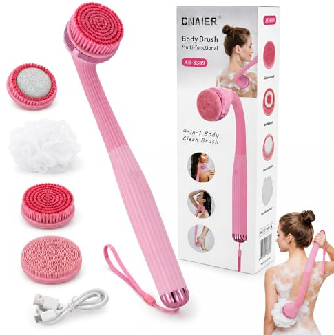 Electric Body Brush Set,USB Rechargeable Shower Brush with 4 Brush Heads,Long Detachable Handle,Back Scrubber Body Exfoliator 2-Speed Deep Cleansing,Waterproof Spin Facial Skin Brush for Clean,Massage