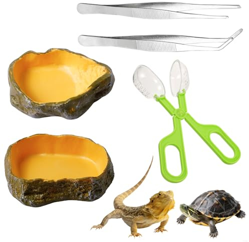 MDPUTY 5 Stück Wasserschale Terrarium, Reptilien Näpfe mit 2 Pinzetten und Zuführung PVC Reptilien Wasserschale Schildkröten Zubehör für Gecko Schildkröte Schlange Eidechse