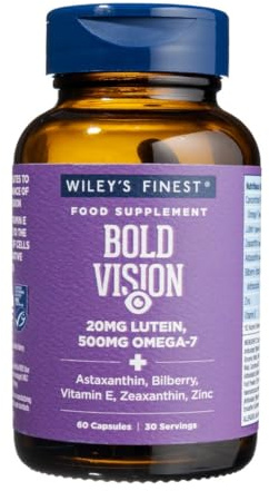 Wiley's Finest Bold Vision Nahrungsergänzungsmittel für Augengesundheit und Sehkraft mit Lutein, Zeaxanthin, Heidelbeere, Omega 7, Astaxanthin plus Vitamin E und Zink, Kapseln, 60 Stück