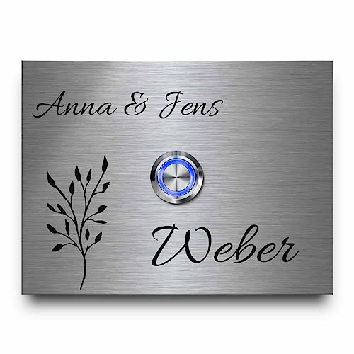 Edelstahl Klingel mit Namen und Gravur und Motiv - Türklingel Modell Weber ab 10x7 cm | Moderner Premium LED Klingelknopf Taster | Gravierte Klingelplatte auch mit schöner Acrylplatte